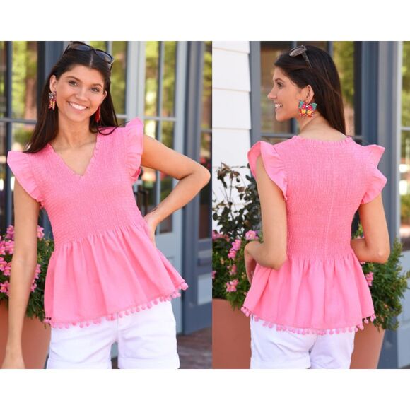 THML Womens Going Back Top Size XS Pink Flutter Sleeve Pompom‎ Trim Smocked - Picture 1 of 12